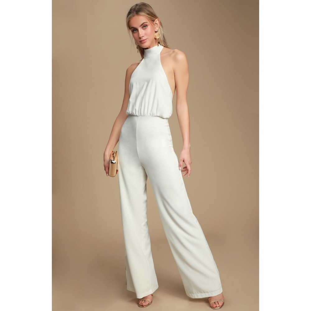 NWT Lulu’s High Neck White Halter Jumpsuit